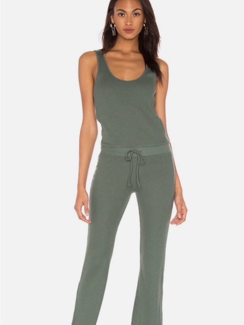 Monrow Olive Ribbed Tank Jumpsuit